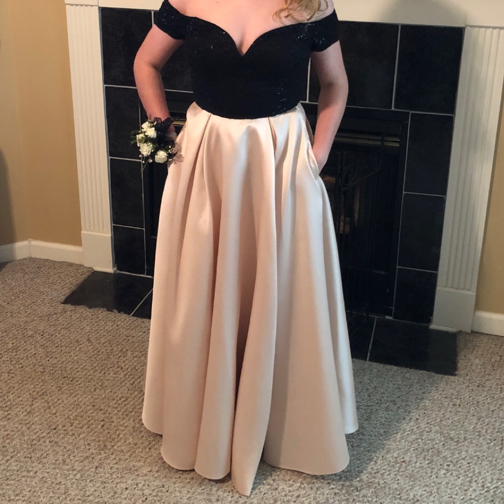 Elegant Black and Beige Off-Shoulder Gown